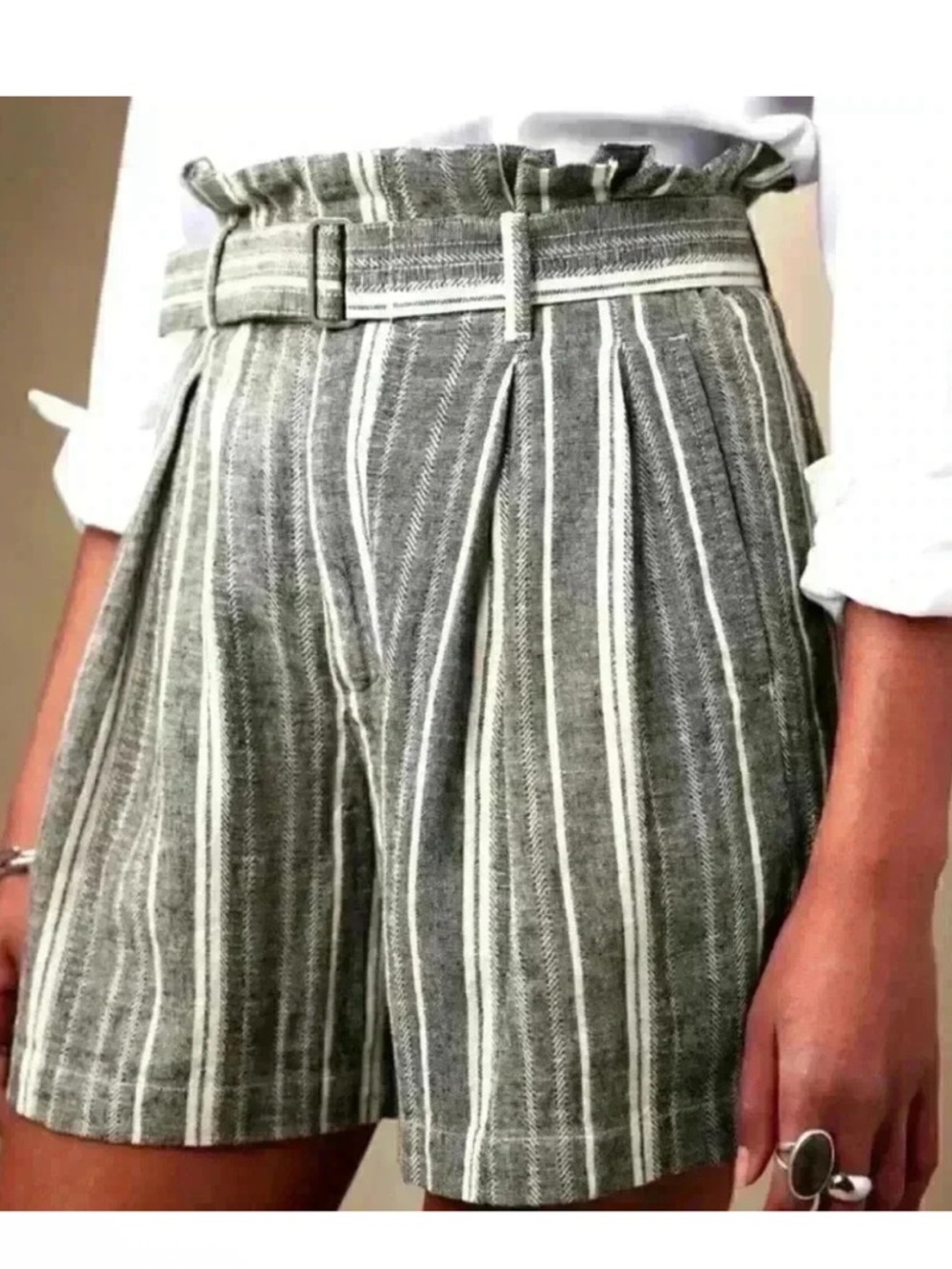 Banana Republic gray and White Striped High-Waist Paperbag Shorts